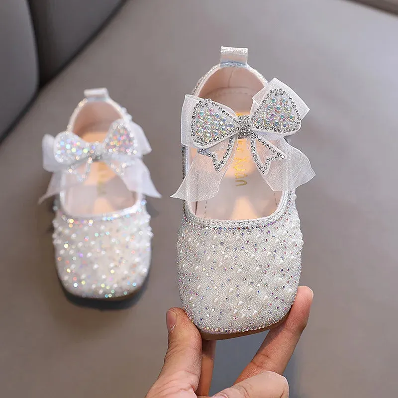 2023 New Girl's Princess Shoes Children's Fashion Bow Rhinestone Sequin Kids Shoe Baby Girls Party Student Flat Leather Shoes