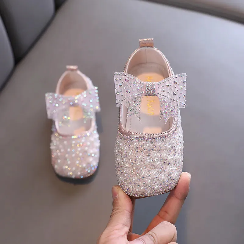 2023 New Girl's Princess Shoes Children's Fashion Bow Rhinestone Sequin Kids Shoe Baby Girls Party Student Flat Leather Shoes