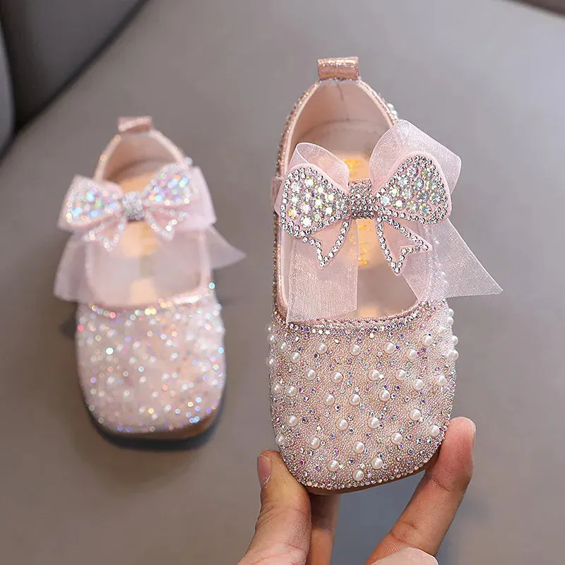 2023 New Girl's Princess Shoes Children's Fashion Bow Rhinestone Sequin Kids Shoe Baby Girls Party Student Flat Leather Shoes