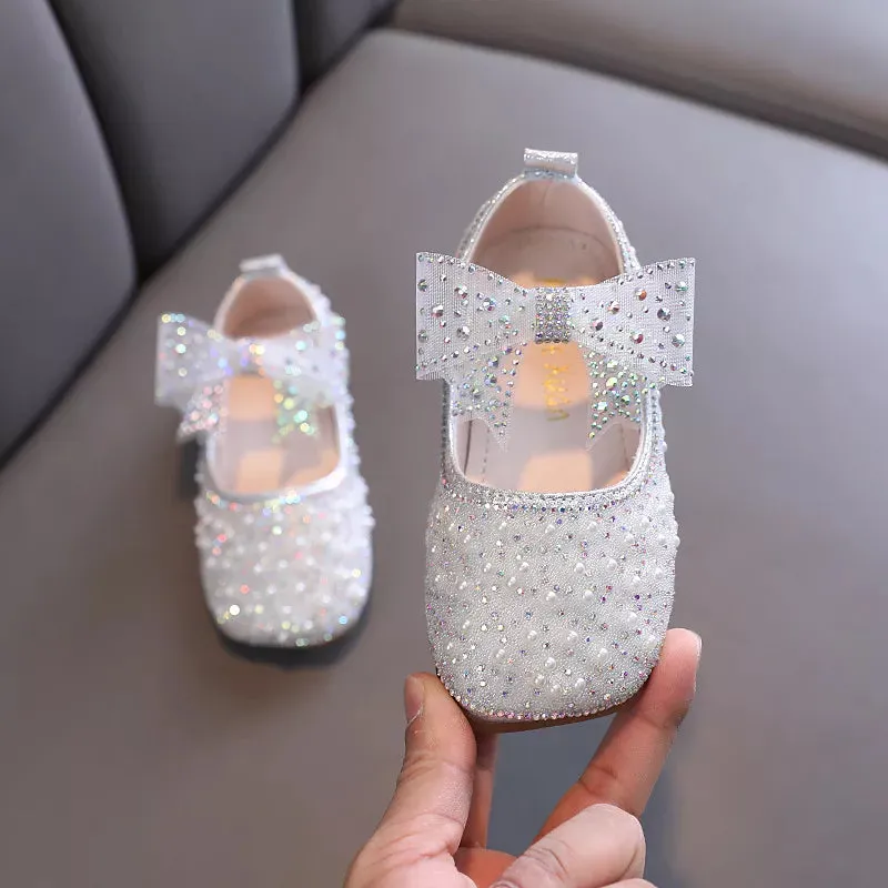 2023 New Girl's Princess Shoes Children's Fashion Bow Rhinestone Sequin Kids Shoe Baby Girls Party Student Flat Leather Shoes