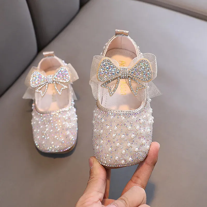 2023 New Girl's Princess Shoes Children's Fashion Bow Rhinestone Sequin Kids Shoe Baby Girls Party Student Flat Leather Shoes