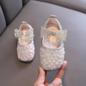 2023 New Girl's Princess Shoes Children's Fashion Bow Rhinestone Sequin Kids Shoe Baby Girls Party Student Flat Leather Shoes