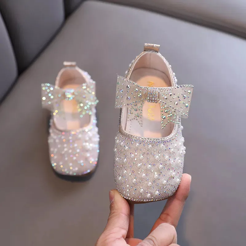 2023 New Girl's Princess Shoes Children's Fashion Bow Rhinestone Sequin Kids Shoe Baby Girls Party Student Flat Leather Shoes