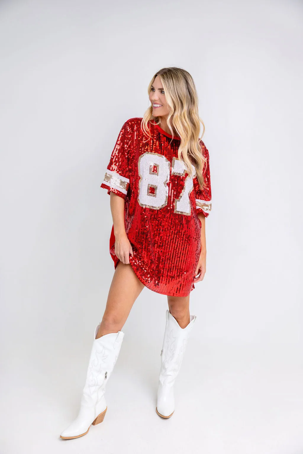 #87 Red Sequin Jersey TShirt Dress (Red/Gold)