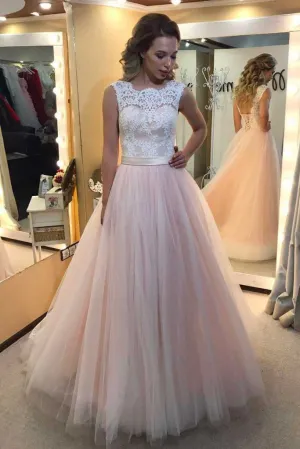 A-line Light Pink Tulle with White lace appliqued Long Backless Prom Dresses OK221