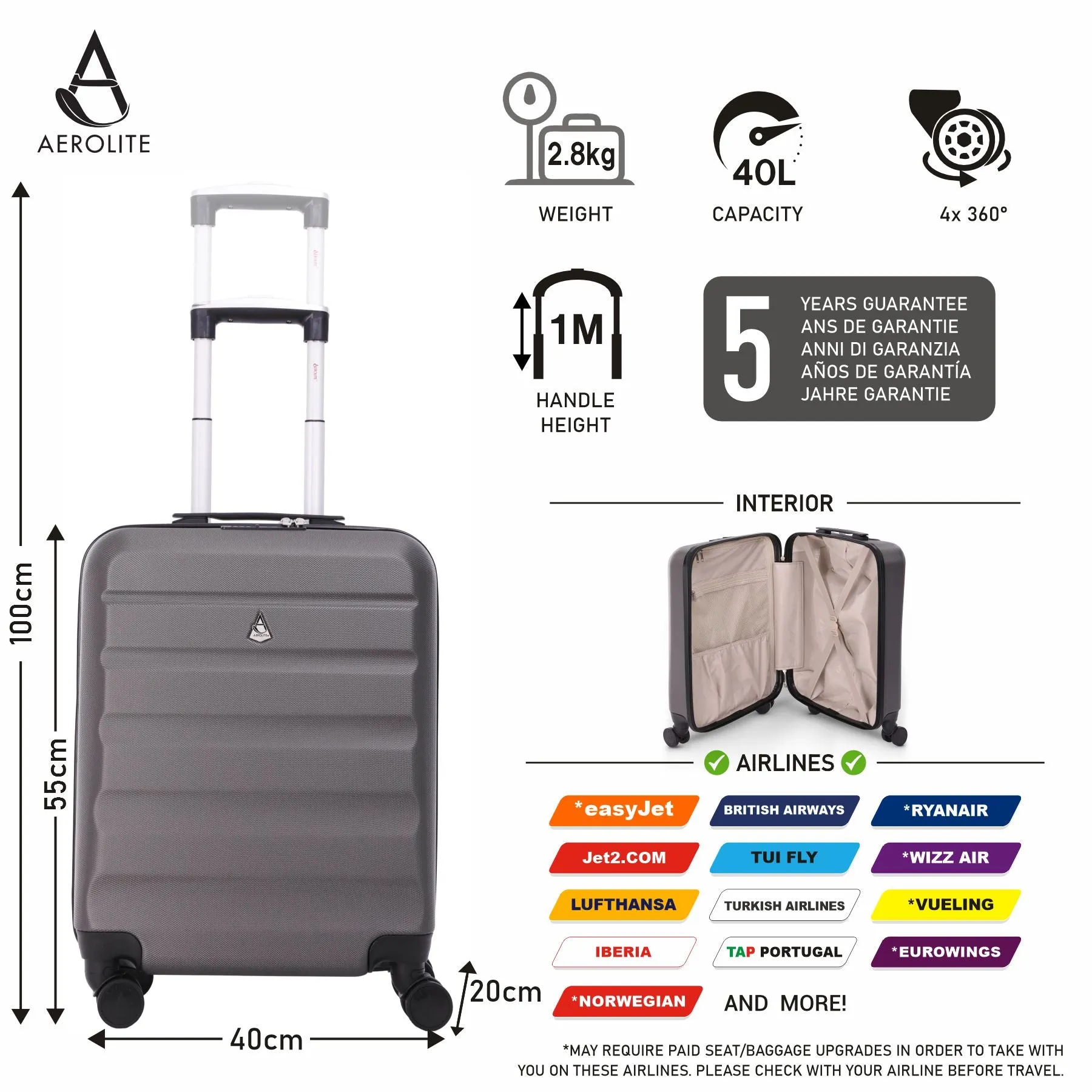 Aerolite (55x40x20cm) Ryanair Maximum Lightweight Hard Shell Cabin Hand Luggage, 4 Wheels