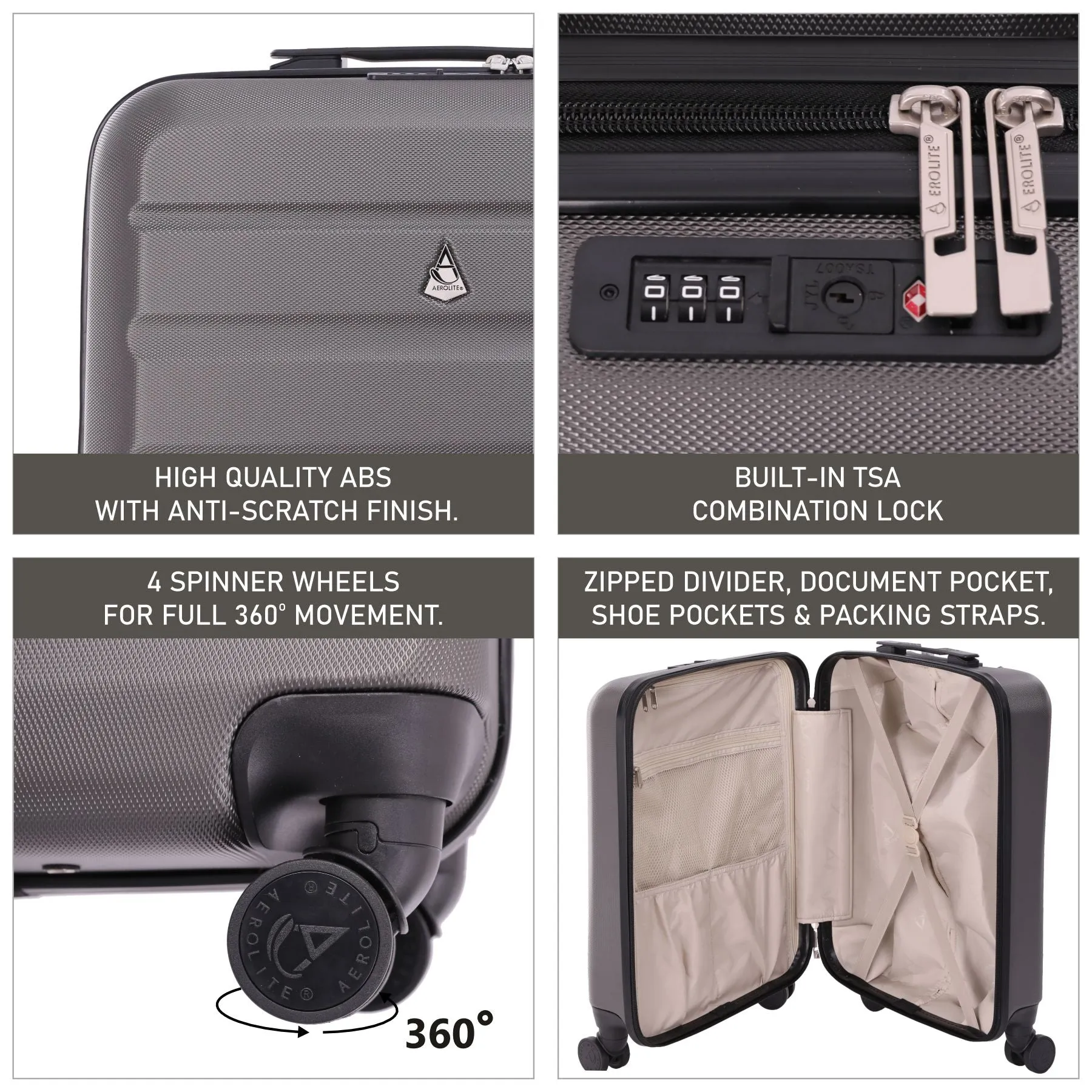 Aerolite (55x40x20cm) Ryanair Maximum Lightweight Hard Shell Cabin Hand Luggage, 4 Wheels