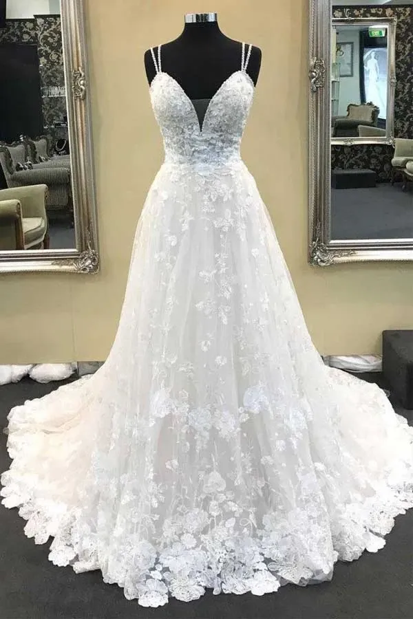 Anneprom Ball Gown V Neck Spaghetti Straps Ivory Lace Long Wedding Dresses APW0153