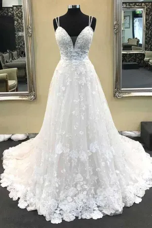 Anneprom Ball Gown V Neck Spaghetti Straps Ivory Lace Long Wedding Dresses APW0153