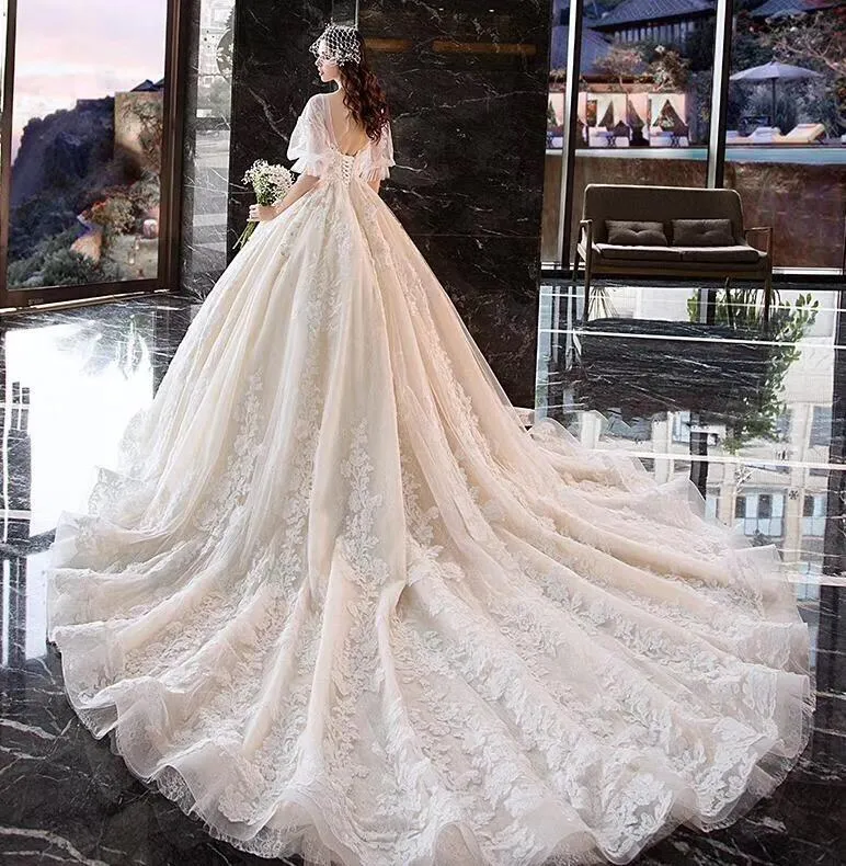 Anneprom Charming Half Sleeves Ball Gown Wedding Dresses, Appliques V Neck Bridal Dress APW0147