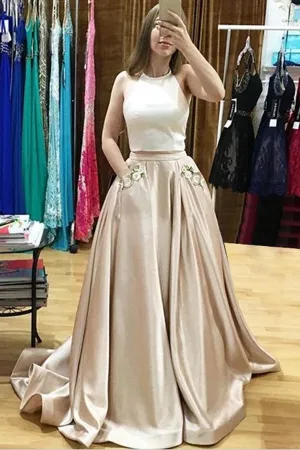 Anneprom Two Piece Halter Sweep Train Prom Dress With Appliques Pockets APP0158