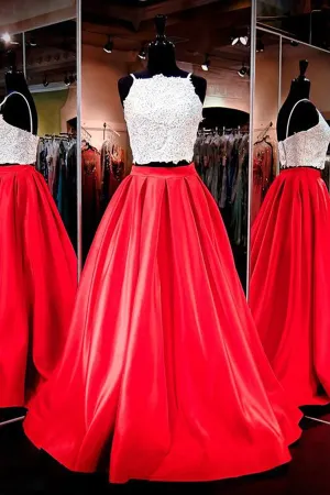 Anneprom Two-Piece Square Neck Red Prom Dresses Evening Dresses APP0046