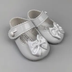 Baby Girl White Pram Shoes with White Bow and soft sole