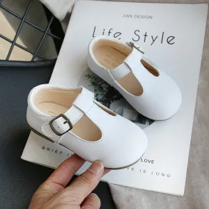 Baby Girls Leather T-Bar Solid Colour Shoes - White, Pink, Black, Brown