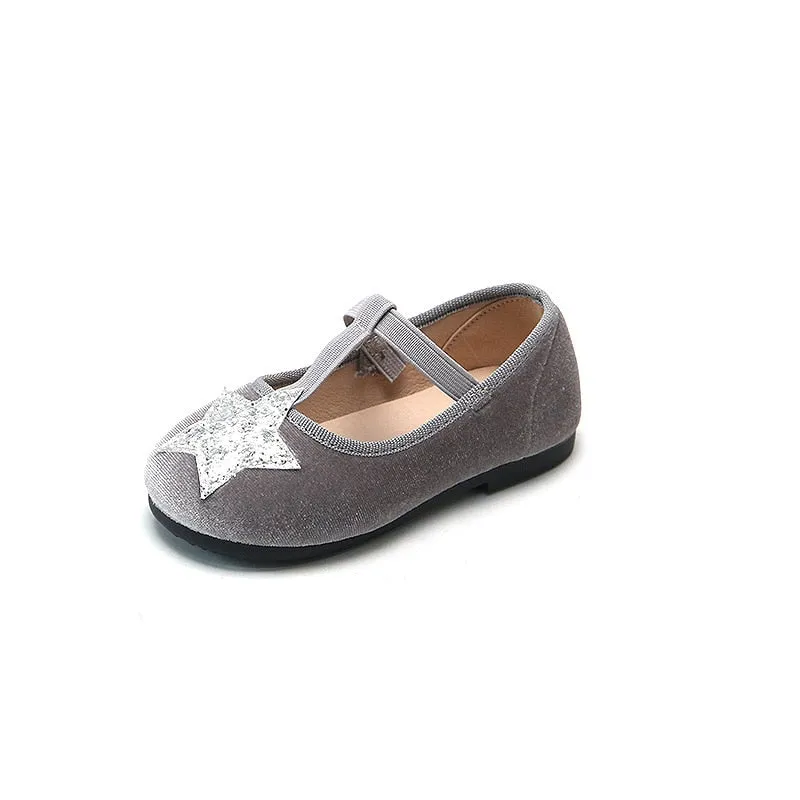 Baby Girls Velvet Material Star Applique Shoes - Brown, Black, Red, Grey