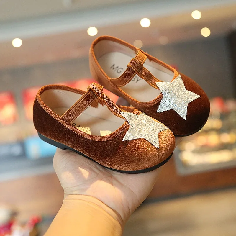 Baby Girls Velvet Material Star Applique Shoes - Brown, Black, Red, Grey