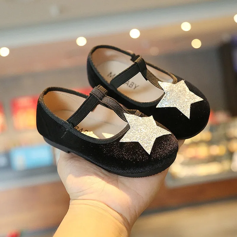 Baby Girls Velvet Material Star Applique Shoes - Brown, Black, Red, Grey