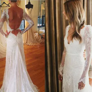 Backless Long Sleeves Lace Sexy Mermaid Long Wedding Dress
