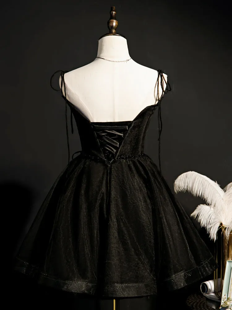 Black Straps Tulle Short Homecoming Dress Prom Dress, Little Black Party Dresses