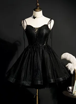 Black Straps Tulle Short Homecoming Dress Prom Dress, Little Black Party Dresses