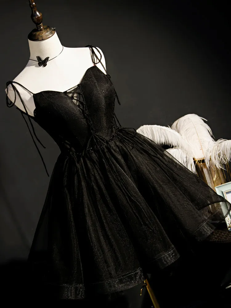 Black Straps Tulle Short Homecoming Dress Prom Dress, Little Black Party Dresses