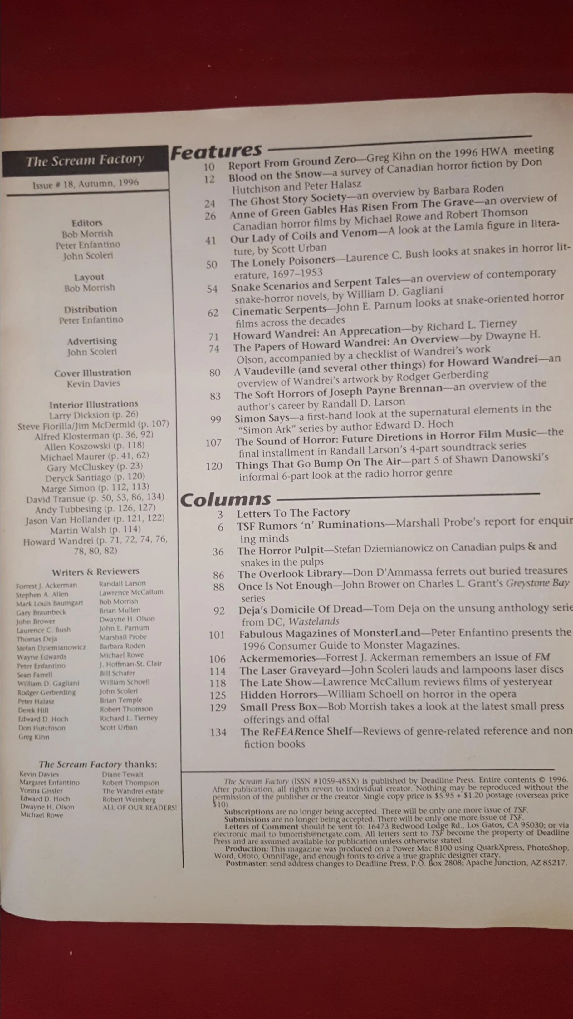 Bob Morrish - The Scream Factory Number 18, Deadline Press, Autumn 1996, Letter