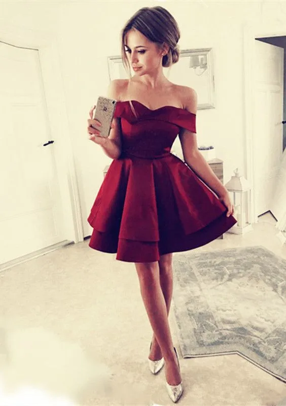 Burgundy Off Shoulder Short Sleeve Homecoming Dresses