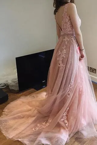 Charming Pink Lace Tulle  Open Back  Little Train Prom Dresses WD198
