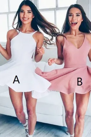 Cute A-Line Jewel Backless Sleeveless Short Junior White/Blush Satin Homecoming Dresses OK317