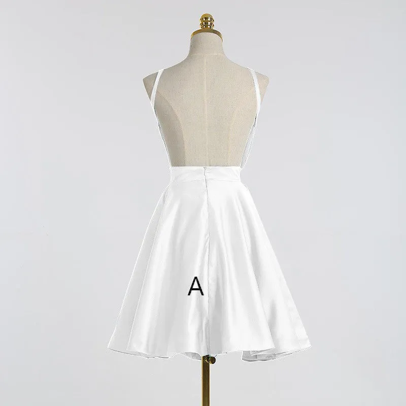 Cute A-Line Jewel Backless Sleeveless Short Junior White/Blush Satin Homecoming Dresses OK317
