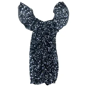 FBZ Purple Floral Black Velvet Ruched Dress