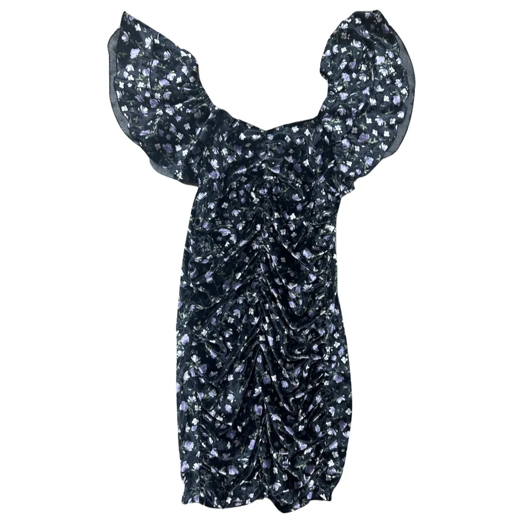 FBZ Purple Floral Black Velvet Ruched Dress