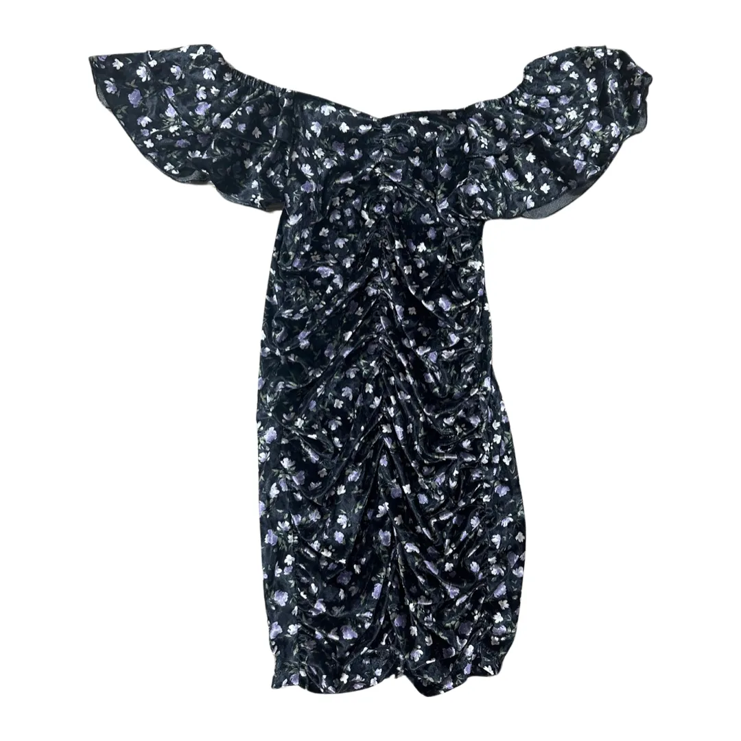 FBZ Purple Floral Black Velvet Ruched Dress
