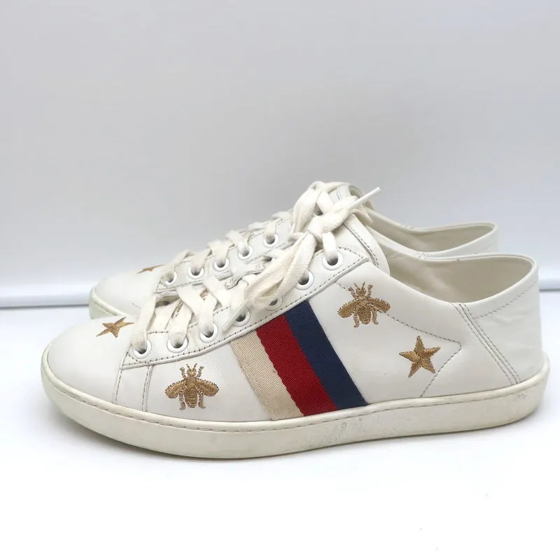 Gucci Ace Bees & Stars Embroidered Sneakers White Leather Size 35.5