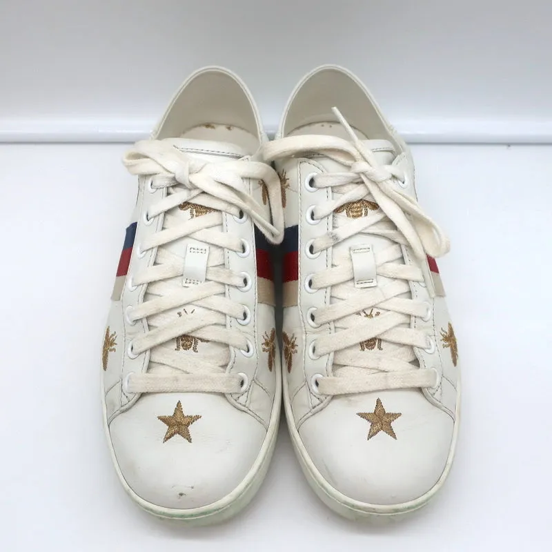 Gucci Ace Bees & Stars Embroidered Sneakers White Leather Size 35.5