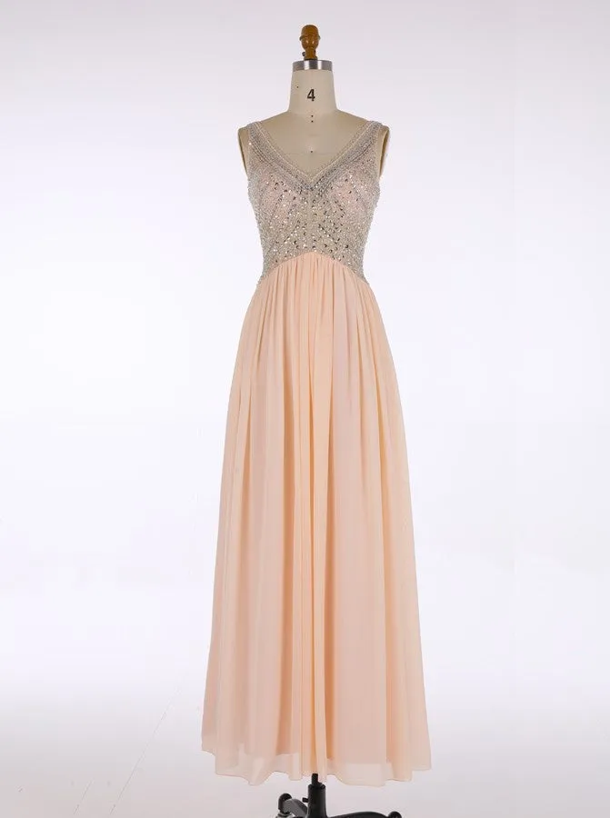 Hot Selling A-line V-neck Floor-Length Chiffon Long Blush Bridesmaid Dress Beaded Blush Pink Evening/Prom/Homecoming Dress
