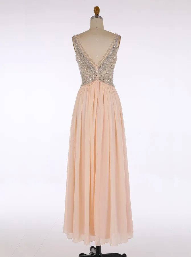Hot Selling A-line V-neck Floor-Length Chiffon Long Blush Bridesmaid Dress Beaded Blush Pink Evening/Prom/Homecoming Dress