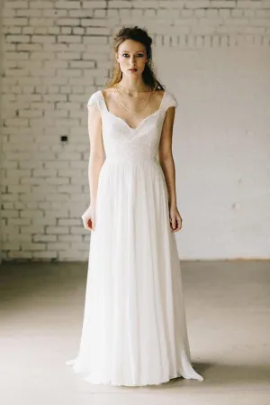 Ivory Lace A-Line Wedding Dresses, Cap Sleeve Vintage Chiffon Bridal Gowns,SW10