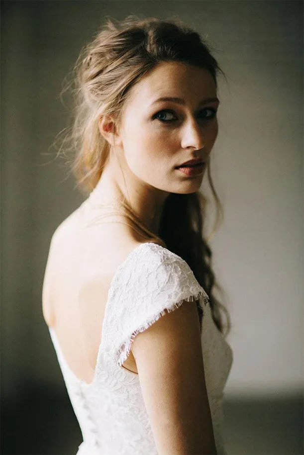 Ivory Lace A-Line Wedding Dresses, Cap Sleeve Vintage Chiffon Bridal Gowns,SW10