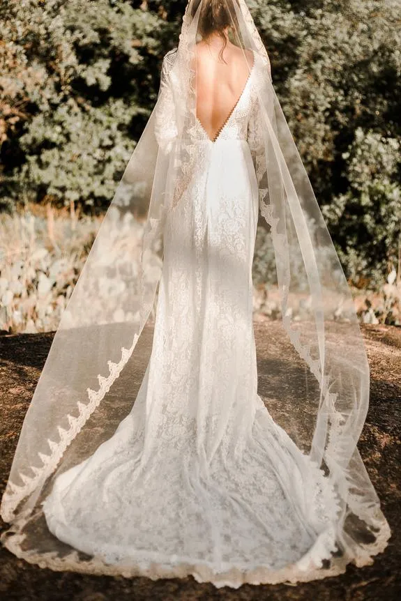 Ivory Lace Long Sleeves Sheath Illusion Neckline Wedding Dresses Bridal Dress, SW299
