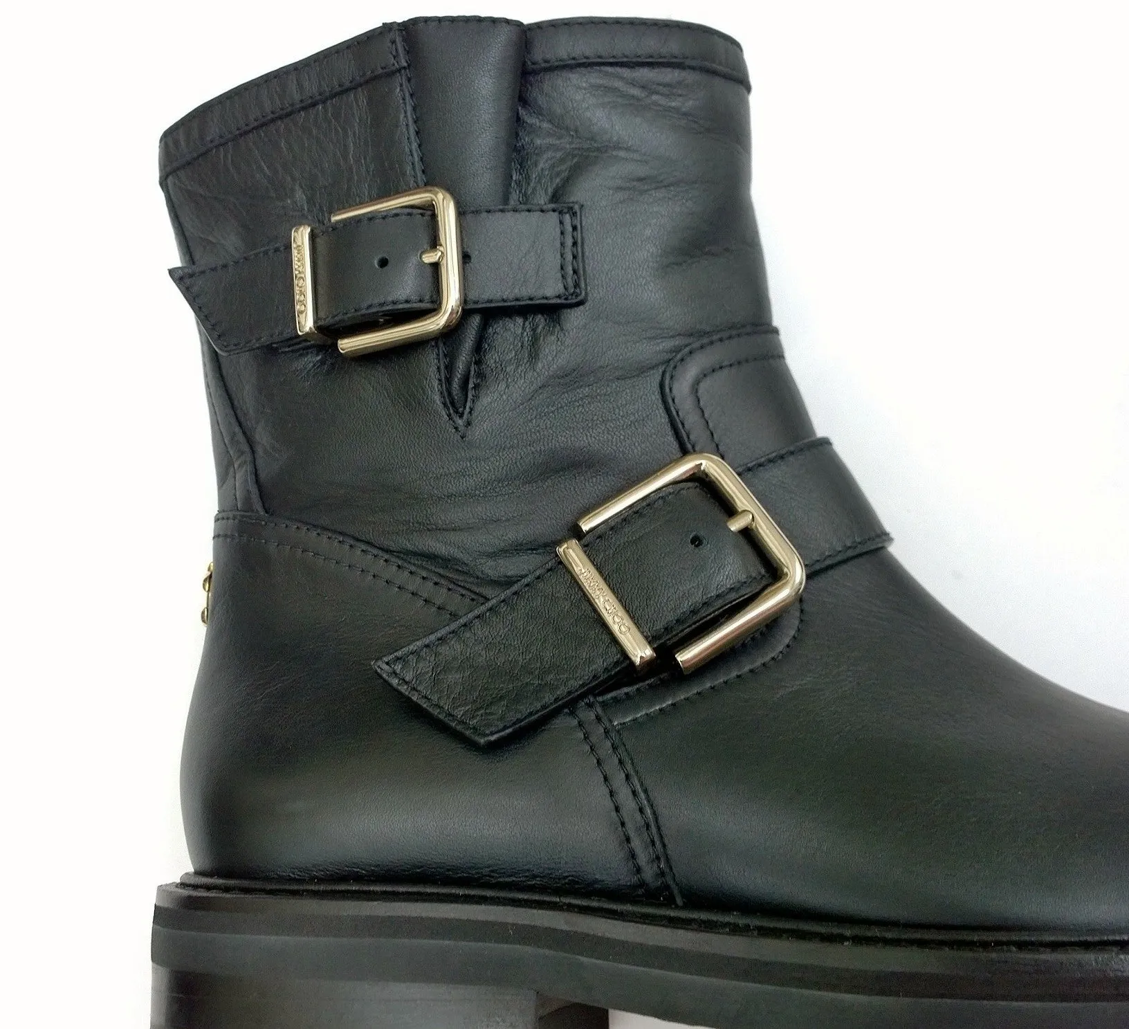 Jimmy Choo Youth Black Leather Biker Ankle Boots with Lug Rubber Sole