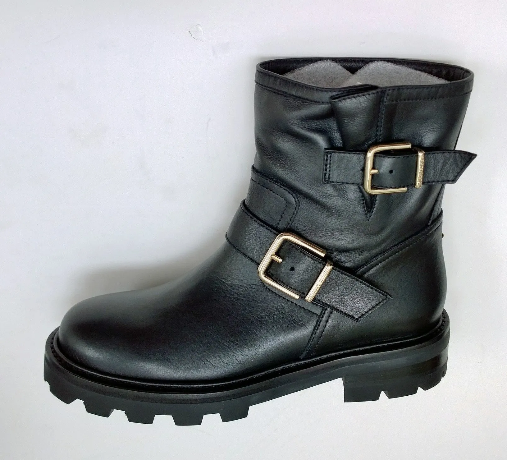 Jimmy Choo Youth Black Leather Biker Ankle Boots with Lug Rubber Sole