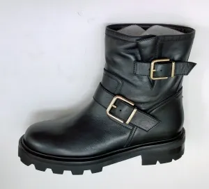 Jimmy Choo Youth Black Leather Biker Ankle Boots with Lug Rubber Sole