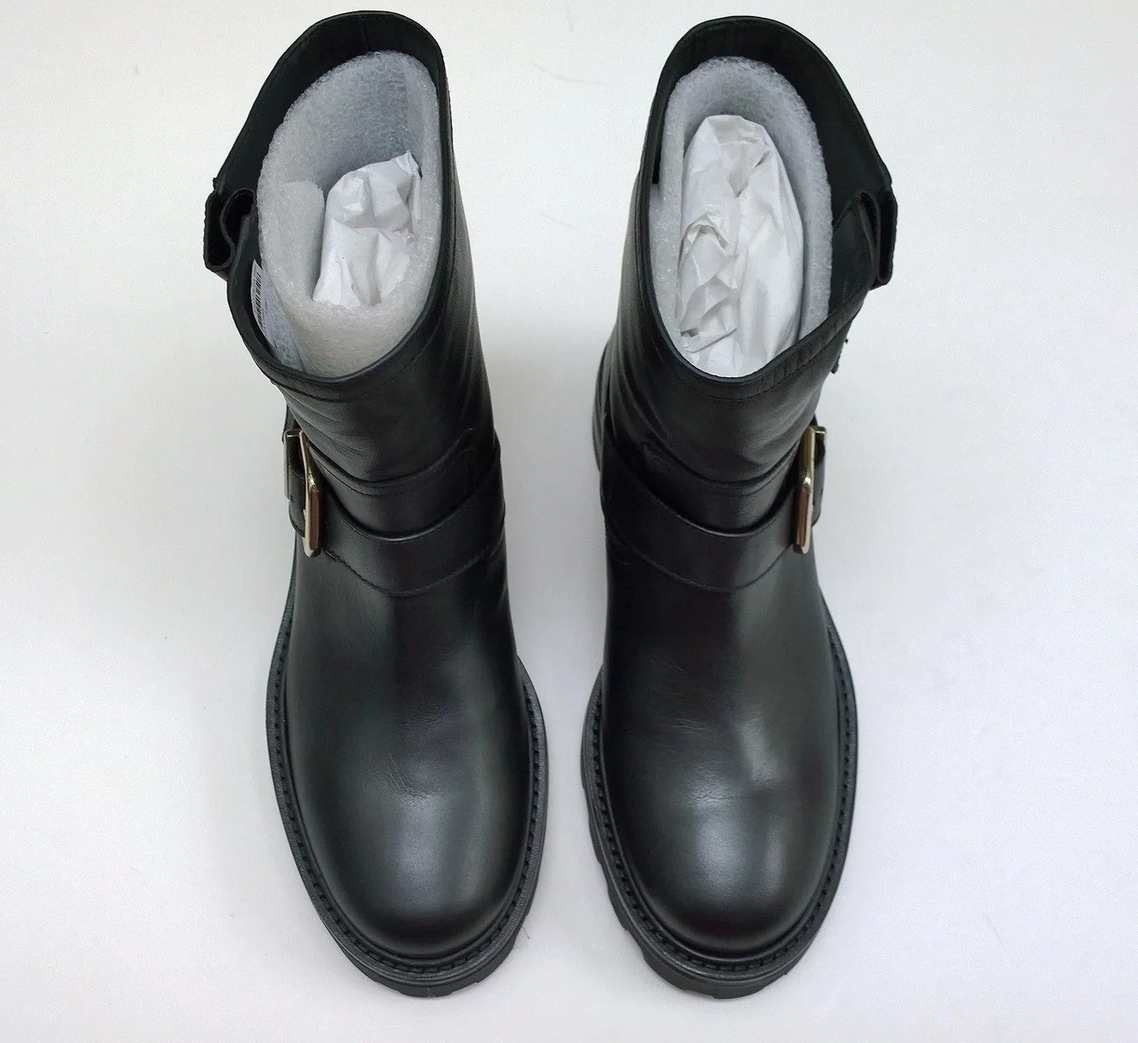 Jimmy Choo Youth Black Leather Biker Ankle Boots with Lug Rubber Sole