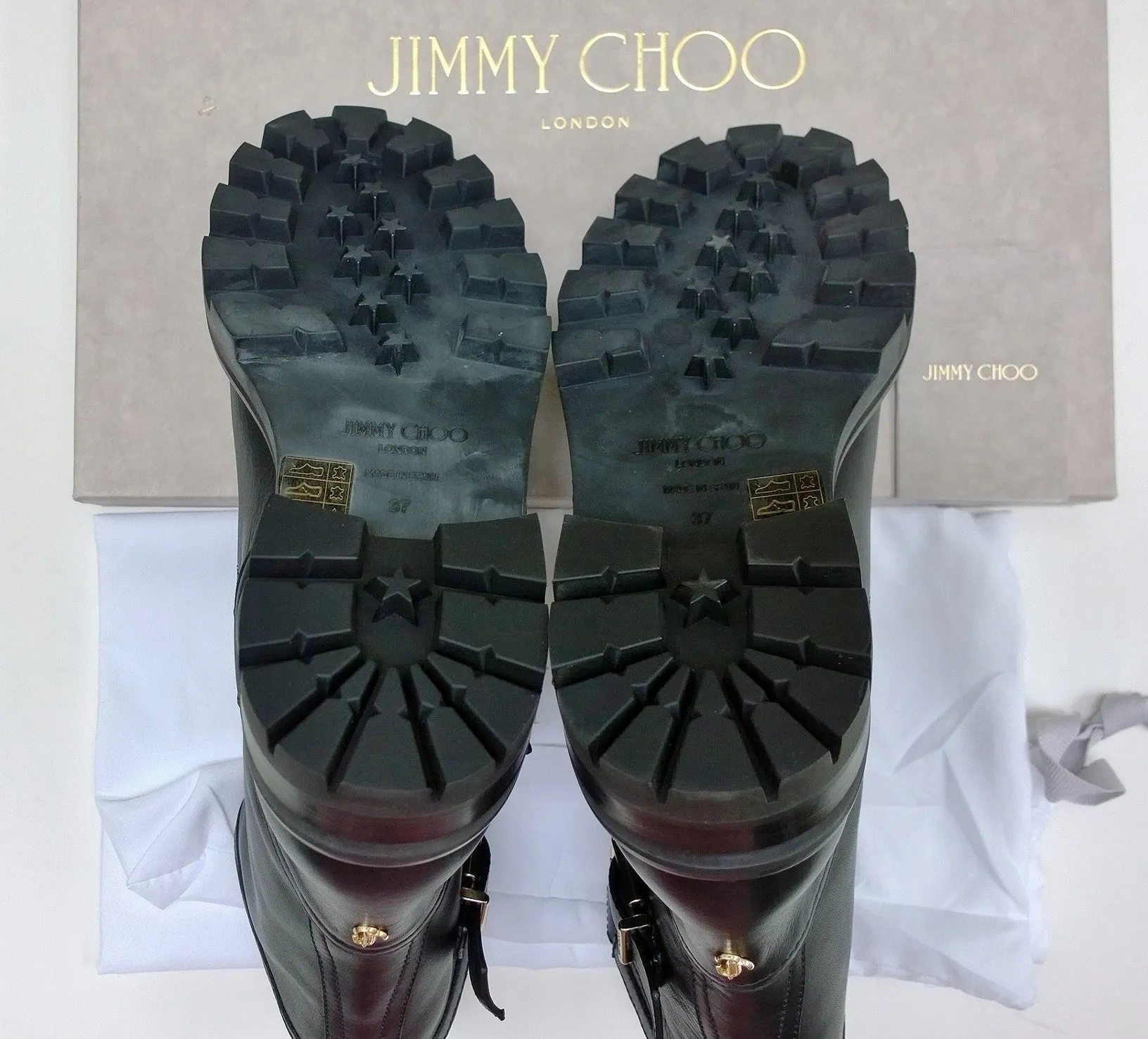 Jimmy Choo Youth Black Leather Biker Ankle Boots with Lug Rubber Sole