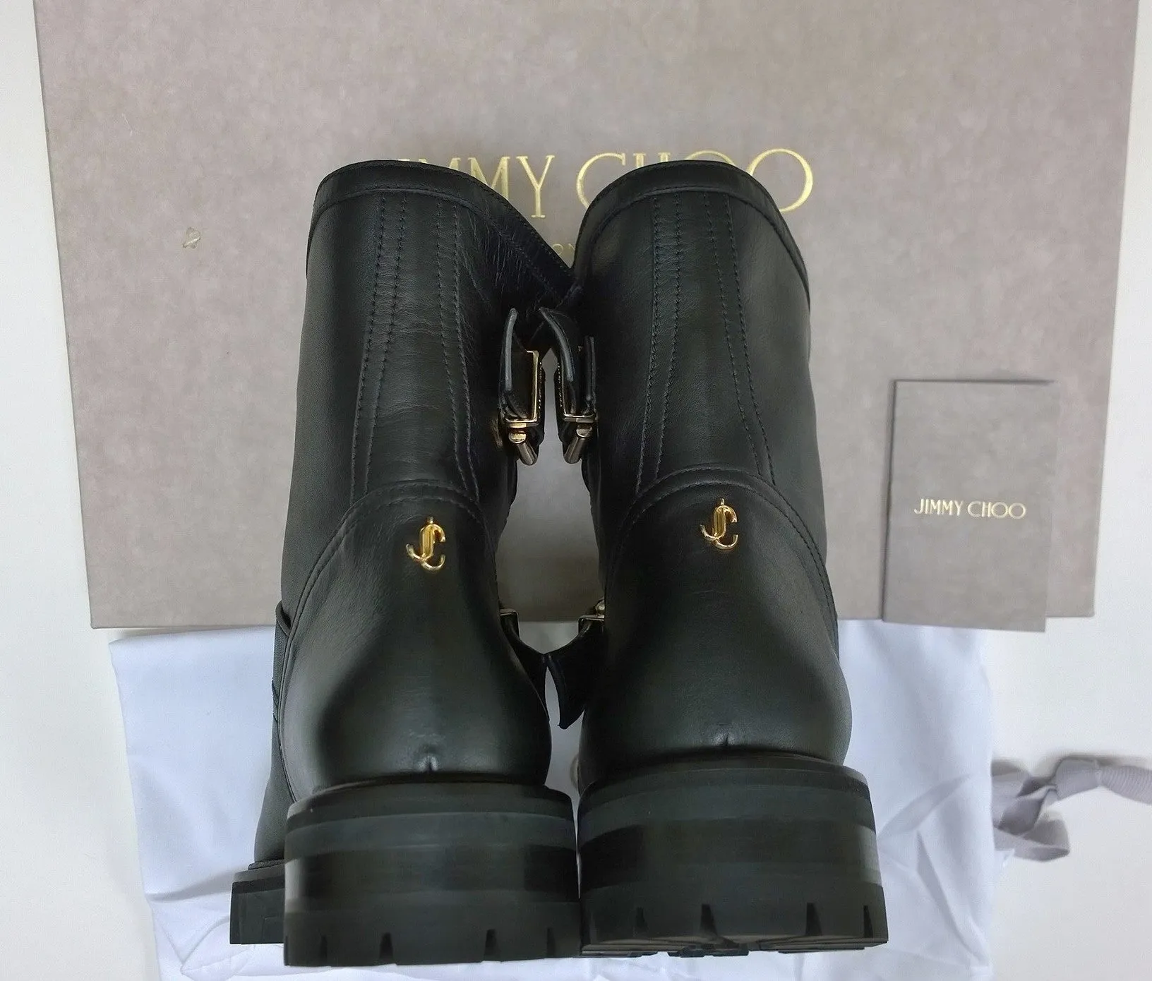 Jimmy Choo Youth Black Leather Biker Ankle Boots with Lug Rubber Sole