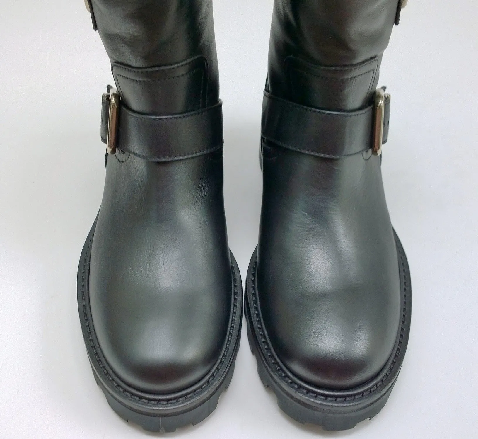 Jimmy Choo Youth Black Leather Biker Ankle Boots with Lug Rubber Sole