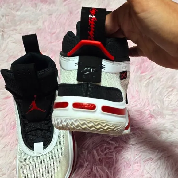 Jordan white and red metallic shoes