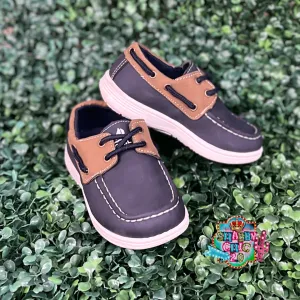 Little Boy's Navy/Brown Boat Shoes