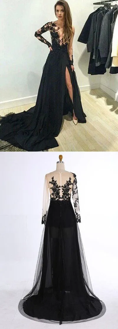 Long  Lace Black Prom Dresses,Long Sleeves Prom Dresses,Evening Prom Dresses,SVD377